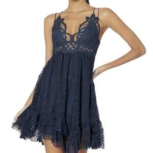 Free People FP One Adella Burnout Velvet Slip Lace Navy Blue Dress Sz Small NWT
